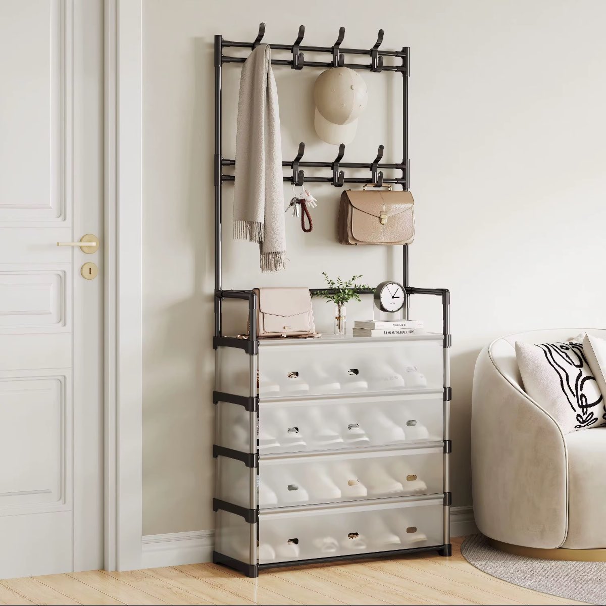 Organizador Multifuncional 4 Niveles 👟 Tendedero, Zapatero y Perchero con Cajones