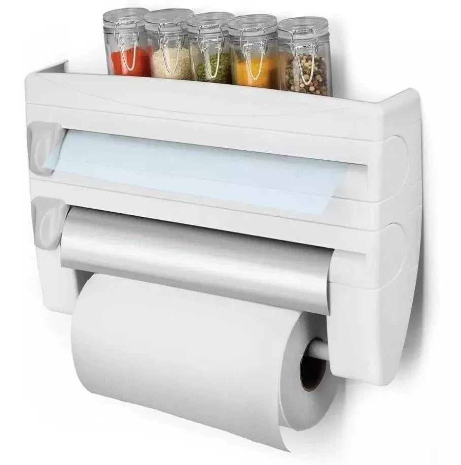 Organizador de Cocina 4 en 1 🧻 Dispensador con Cortador de Papel Aluminio y Vinipel