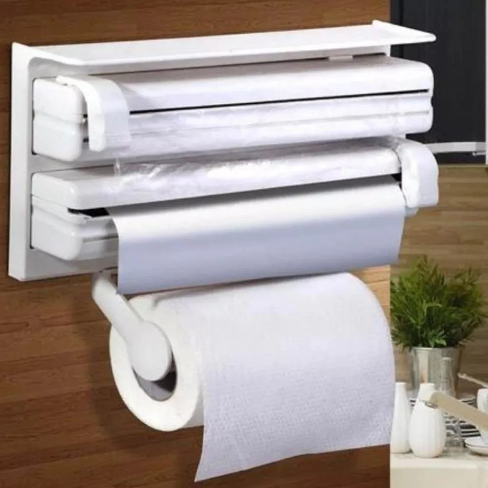 Organizador de Cocina 4 en 1 🧻 Dispensador con Cortador de Papel Aluminio y Vinipel
