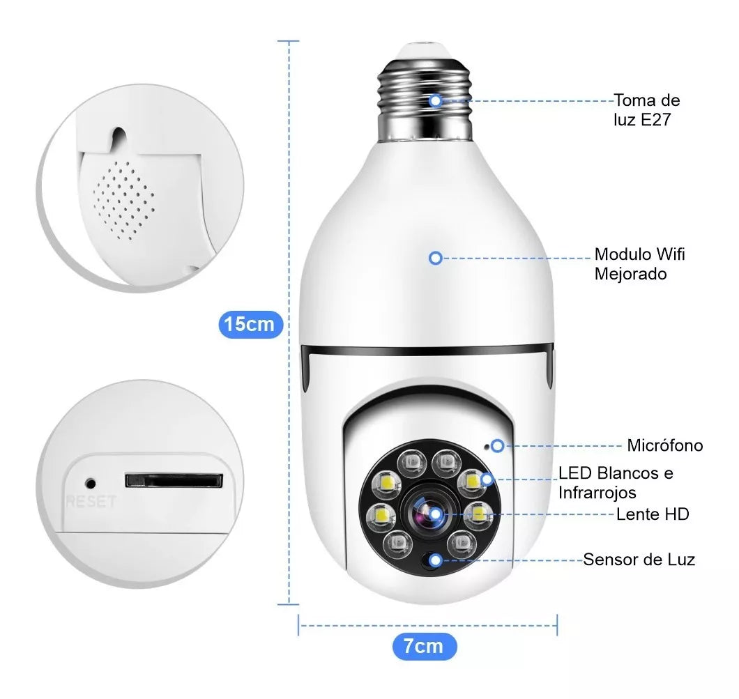 Cámara de Seguridad WiFi tipo Bombillo 💡 Visión Panorámica 360°