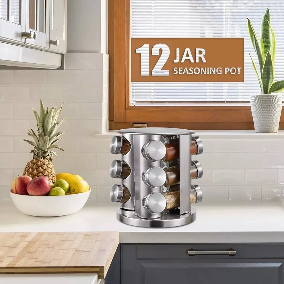 Set Especiero de Vidrio x12 Frascos š§āØ | Base de Acero Plateado