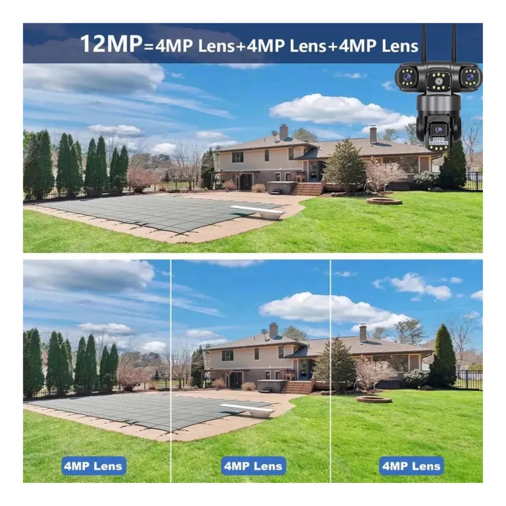 Cámara de Seguridad Exterior 3 Lentes PTZ 📷 Visión 360° con Zoom 10X y WiFi