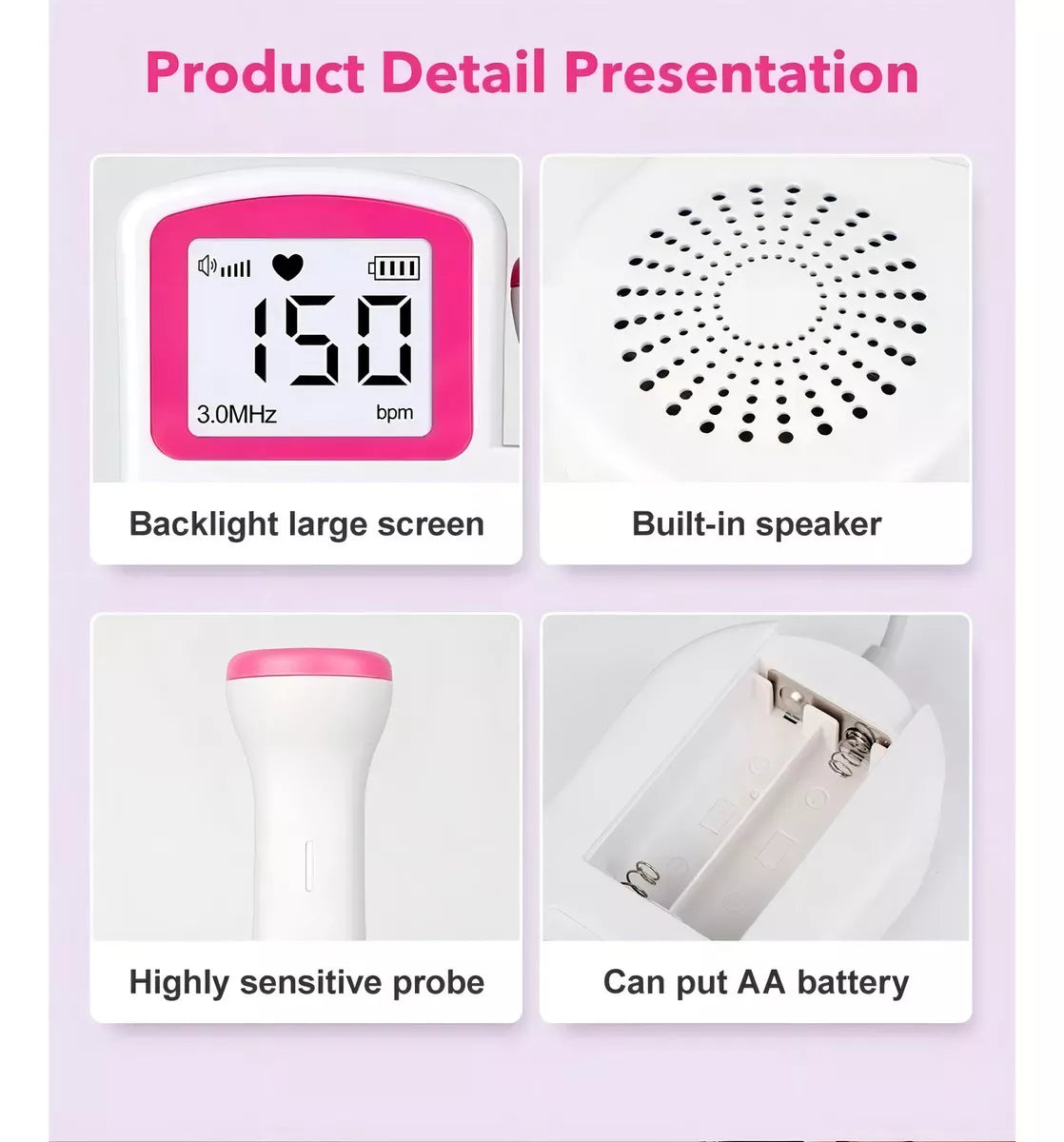 Audífono cardíaco para bebés, monitor de sonar Doppler fetal, color rosa