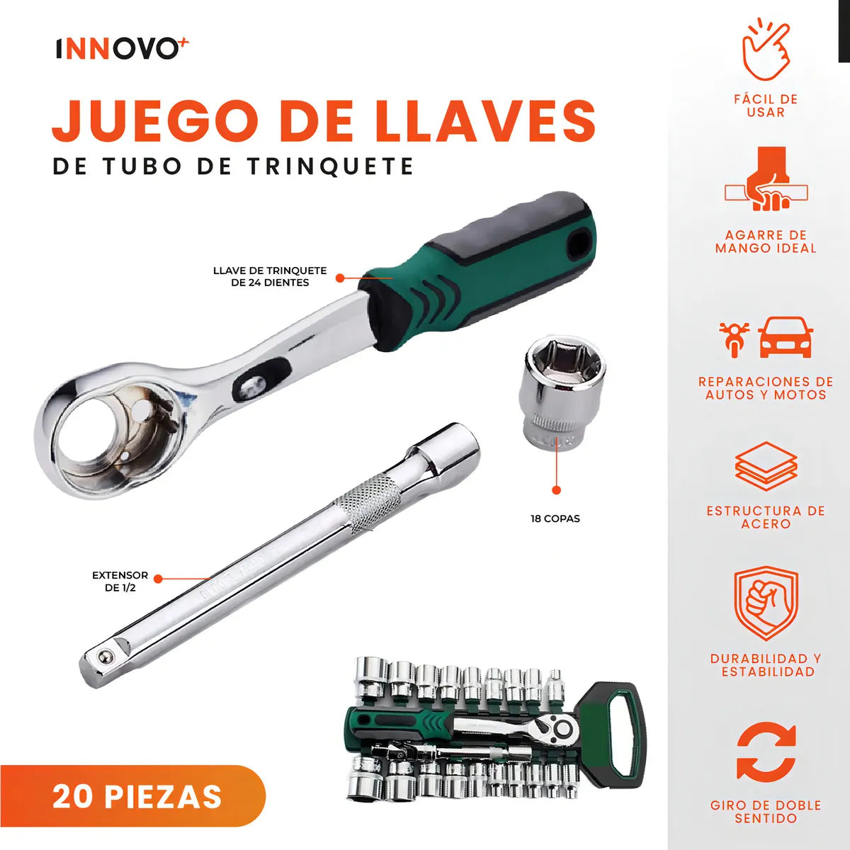 Juego de Copas y Ratchet 1/2” – 20 Piezas para Mecánica y Taller 🔧