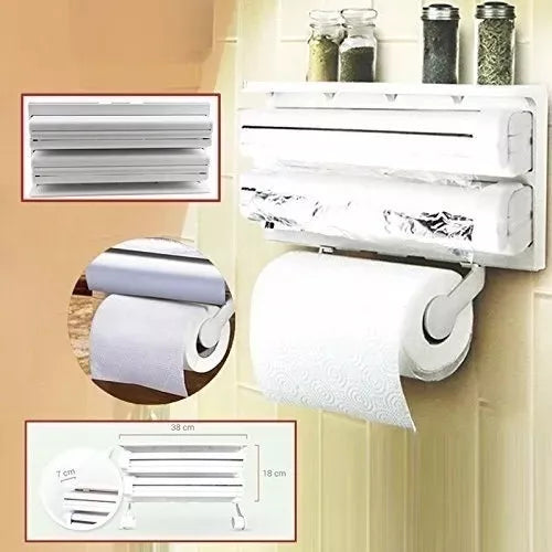 Organizador de Cocina 4 en 1 🧻 Dispensador con Cortador de Papel Aluminio y Vinipel