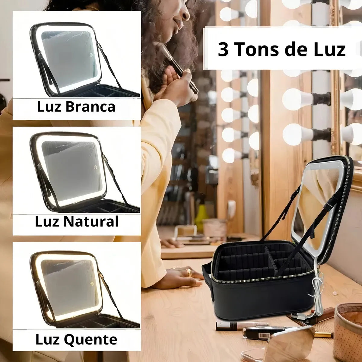 Bolsa Cosmética  con Espejo y Luz LED 💄 Organizador de Maquillaje para Viaje