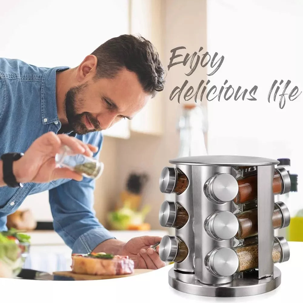 Set Especiero de Vidrio x12 Frascos 🧂✨ | Base de Acero Plateado