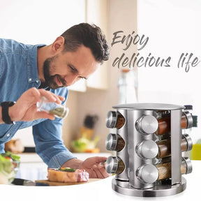 Set Especiero de Vidrio x12 Frascos 🧂✨ | Base de Acero Plateado