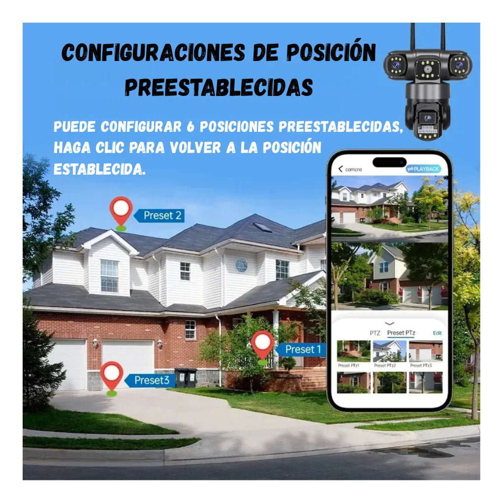 Cámara de Seguridad Exterior 3 Lentes PTZ 📷 Visión 360° con Zoom 10X y WiFi