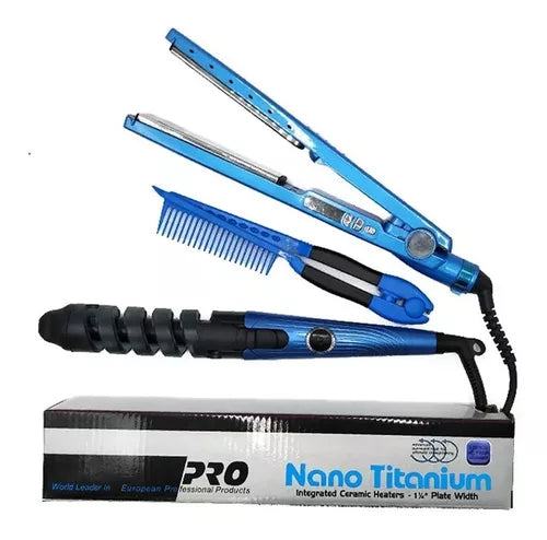 Combo Nano Titanium 3 en 1 💇‍♀️ Plancha + Rizador + Peine Profesional